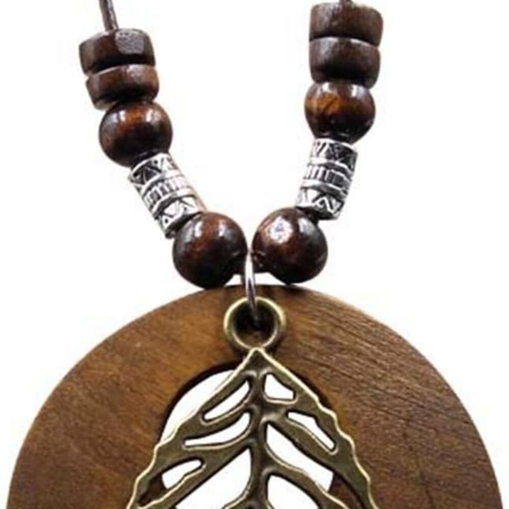 Wooden Pendant Necklace with Owl Leaf Elephant Flower Handmade Vintage Bronze Le